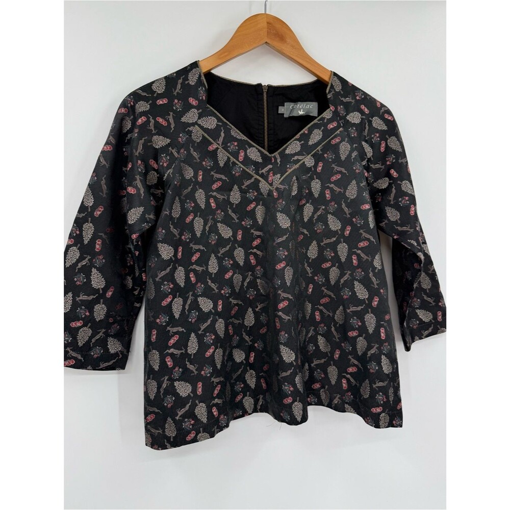 Cotelac Printed V-Neck Blouse | Black | Size 0 (XS)